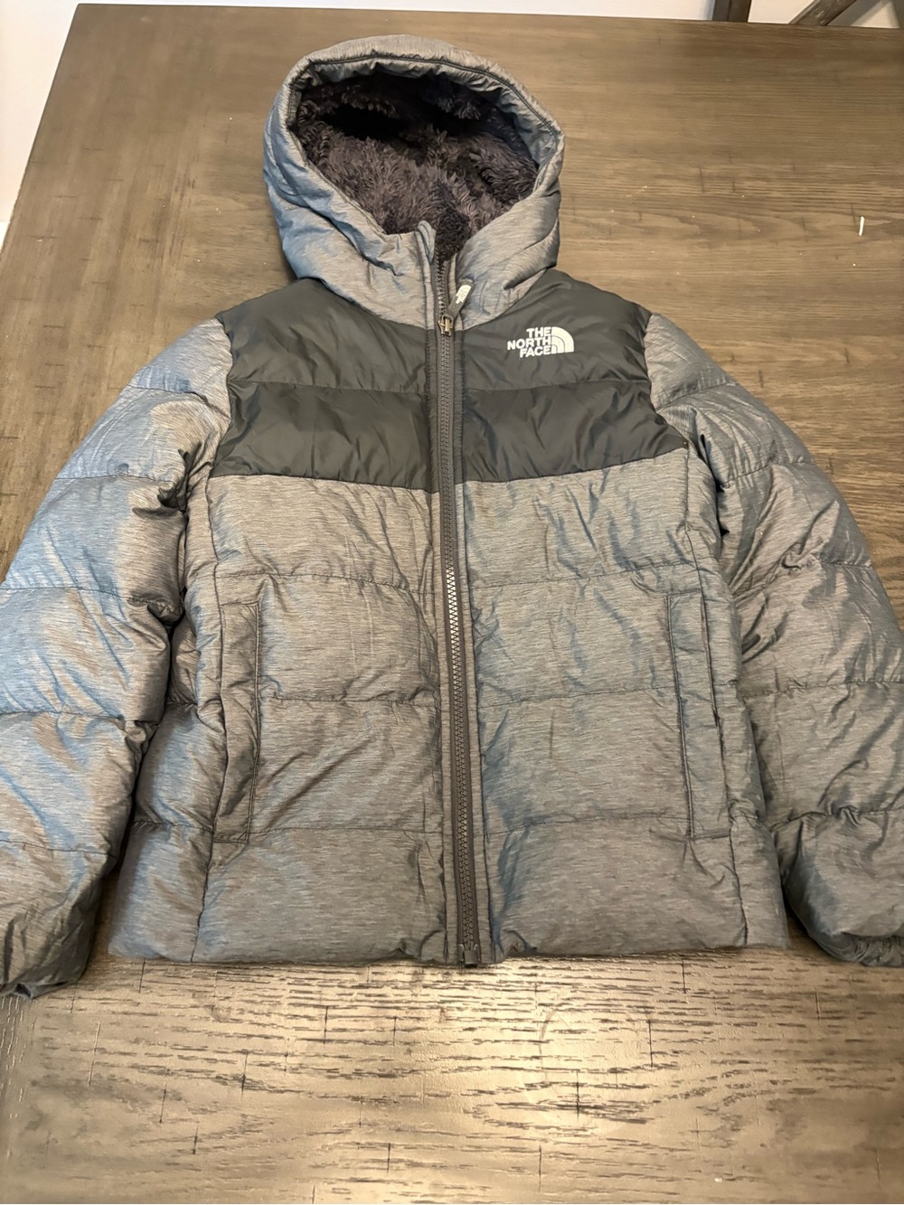 The North Face Kids' Gray Hooded Puffer with Black Yoke